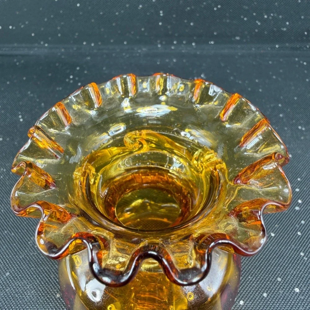 Amber Mid Century Hand Blown Glass Ruffled Bud Vase with Clear Rigaree 3inch